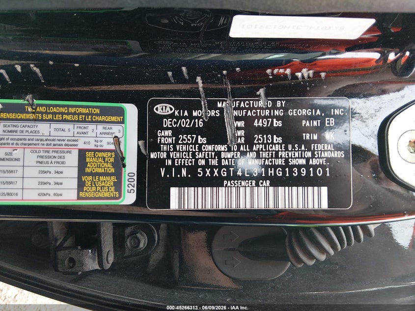 2017 Kia Optima VIN 5XXGT4L31HG139101 IAAI salvage auction — NORMAL WEAR, Salvage Title, sold $25 on 2026-07-29 (photo 9)