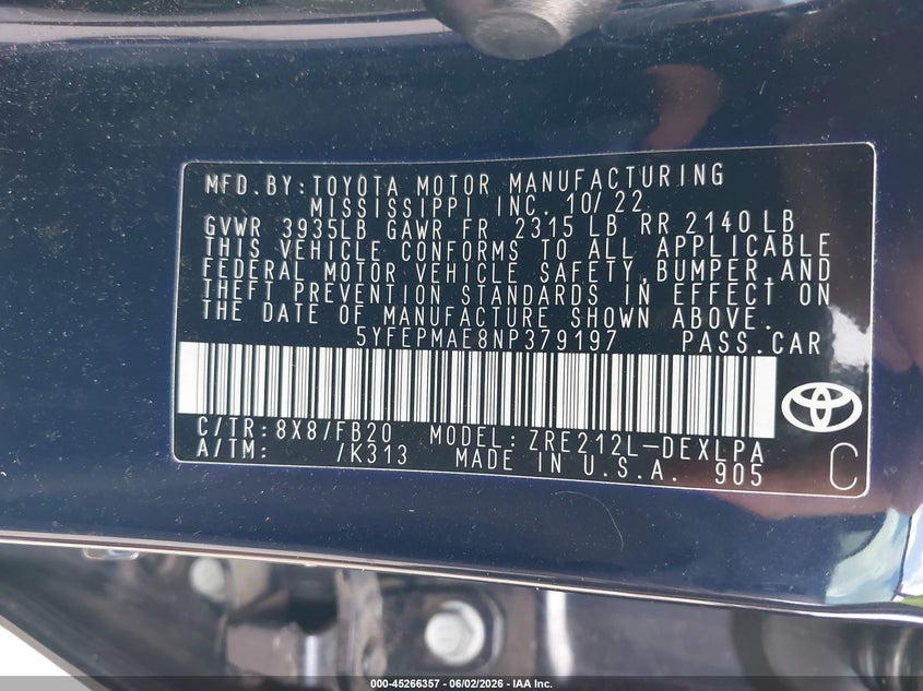 2022 Toyota Corolla VIN 5YFEPMAE8NP379197 IAAI salvage auction — REAR END, Salvage Title, sold $3,850 on 2026-07-30 (photo 9)