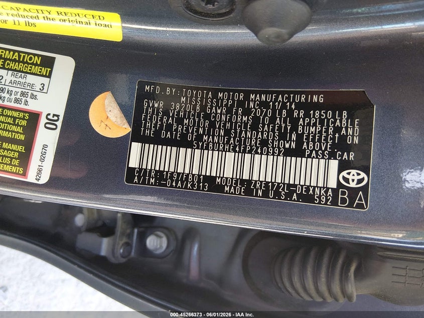 2015 Toyota Corolla VIN 5YFBURHE4FP240992 IAAI salvage auction — REAR END, Salvage Title, sold $2,550 on 2026-07-14 (photo 9)