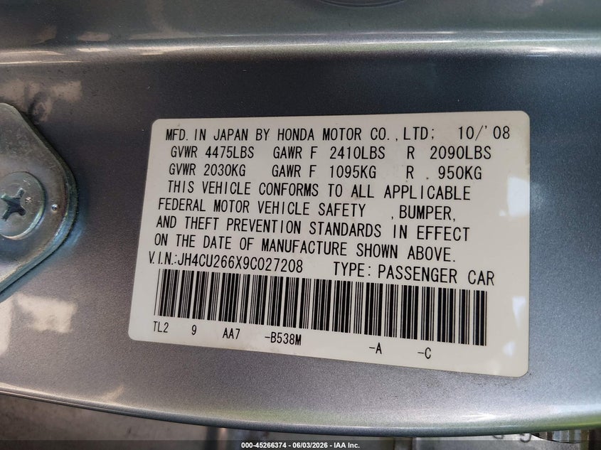 2009 Acura Tsx VIN JH4CU266X9C027208 IAAI salvage auction — NORMAL WEAR, Clear-Dealer Only (Arizona), sold $875 on 2026-07-21 (photo 9)
