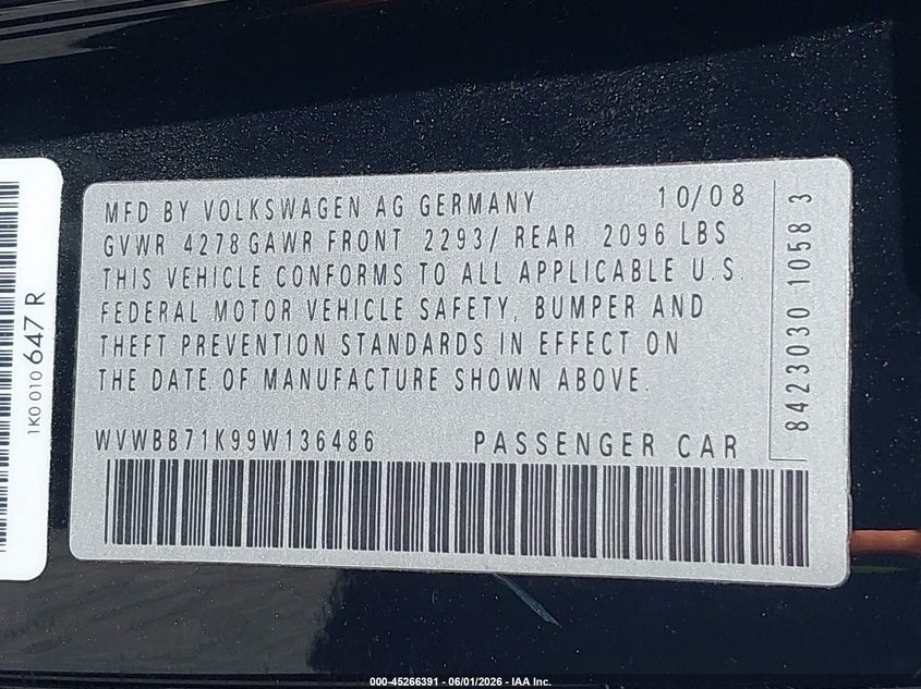 2009 Volkswagen Rabbit VIN WVWBB71K99W136486 IAAI salvage auction — FRONT END, Salvage (Oregon), sold $400 on 2026-07-16 (photo 9)