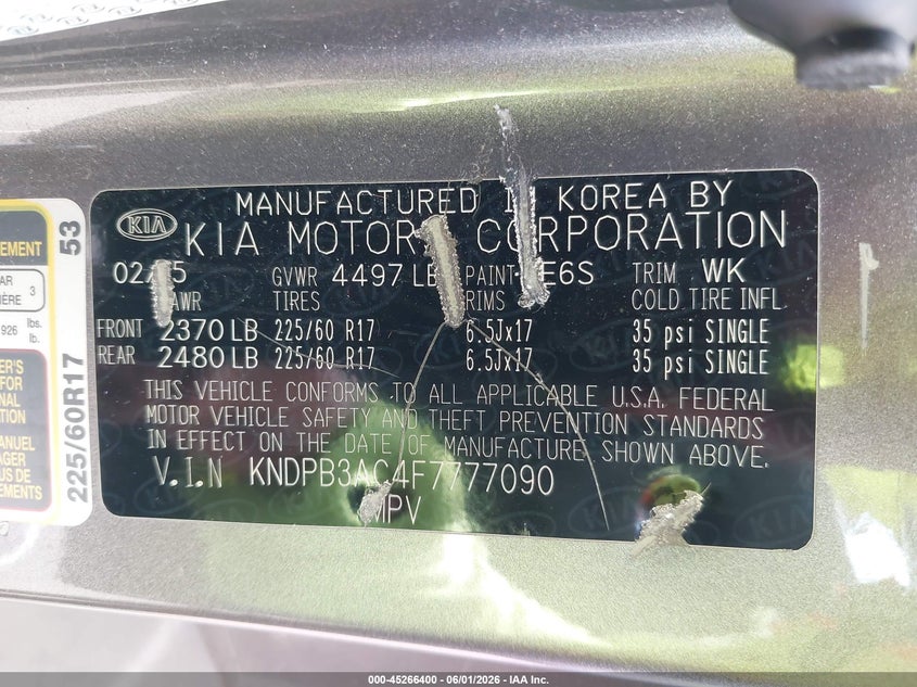 2015 Kia Sportage VIN KNDPB3AC4F7777090 IAAI salvage auction — NORMAL WEAR, Clear (Hawaii), sold $25 on 2026-07-21 (photo 9)