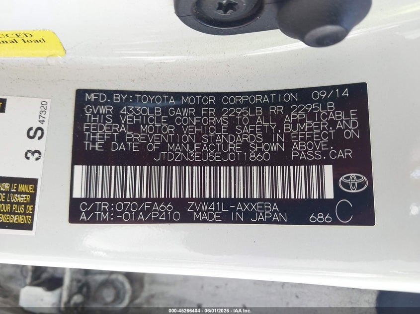2014 Toyota VIN JTDZN3EU5EJ011860 IAAI salvage auction — RIGHT FRONT, Salvage Title, sold $3,650 on 2026-07-13 (photo 9)