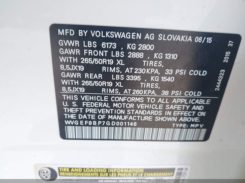2016 Volkswagen Touareg VIN WVGEF9BP7GD001146 IAAI salvage auction — FRONT END, Salvage Title, sold $650 on 2026-08-13 (photo 9)