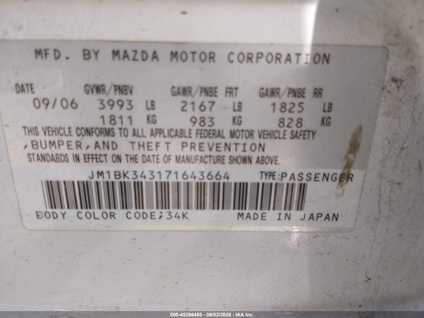 2007 Mazda 3 VIN JM1BK343171643664 IAAI salvage auction — RIGHT REAR, Bill Of Sale (Colorado), sold $25 on 2026-07-28 (photo 9)