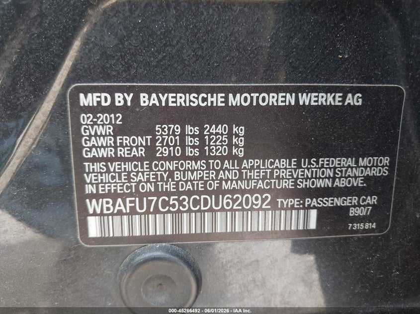 2012 BMW VIN WBAFU7C53CDU62092 IAAI salvage auction — HAIL, Salvage Title, sold $1,250 on 2026-09-02 (photo 9)