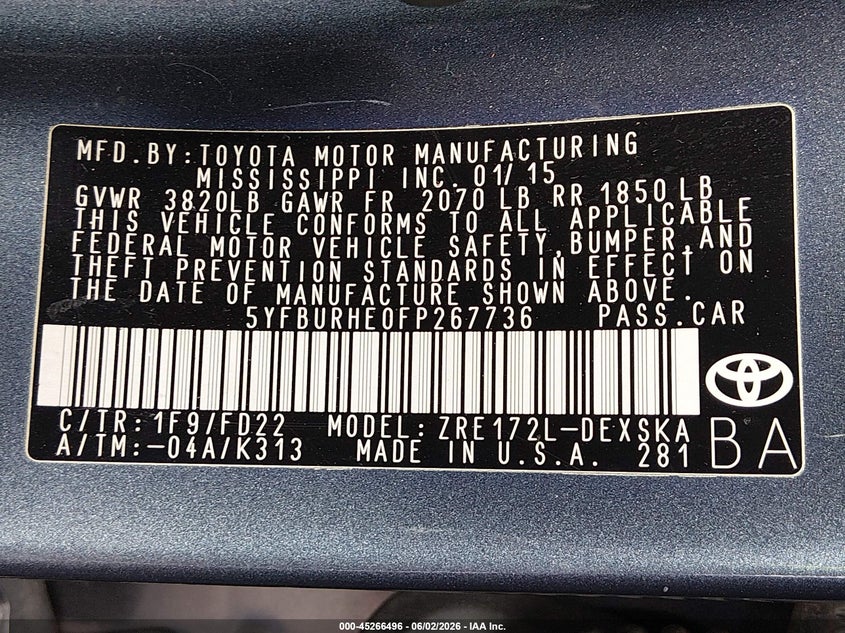 2015 Toyota Corolla VIN 5YFBURHE0FP267736 IAAI salvage auction — REAR END, Salvage Title, sold $2,500 on 2026-07-13 (photo 9)