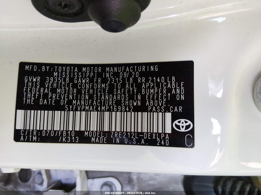 2021 Toyota Corolla VIN 5YFVPMAE4MP169842 IAAI salvage auction — FRONT END, Salvage Title, sold $2,500 on 2026-07-20 (photo 9)