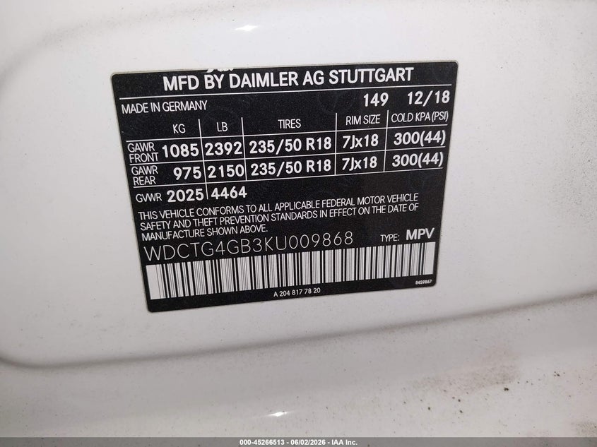 2019 Mercedes-benz Gla-klasse VIN WDCTG4GB3KU009868 IAAI salvage auction — FRONT END, Salvage (Arizona), sold $25 on 2026-07-28 (photo 9)