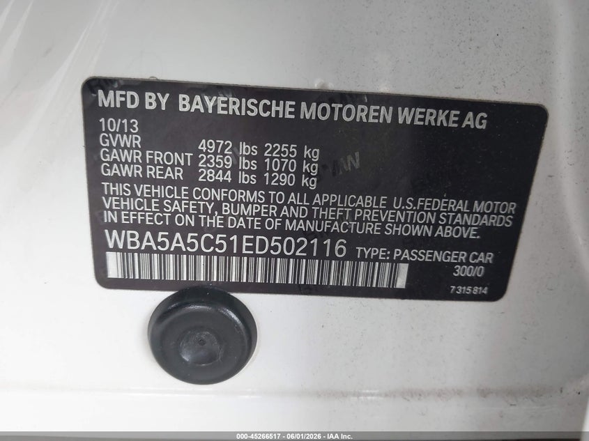 2014 BMW 5er VIN WBA5A5C51ED502116 IAAI salvage auction — NORMAL WEAR, Clear (Florida), sold $750 on 2026-07-14 (photo 9)