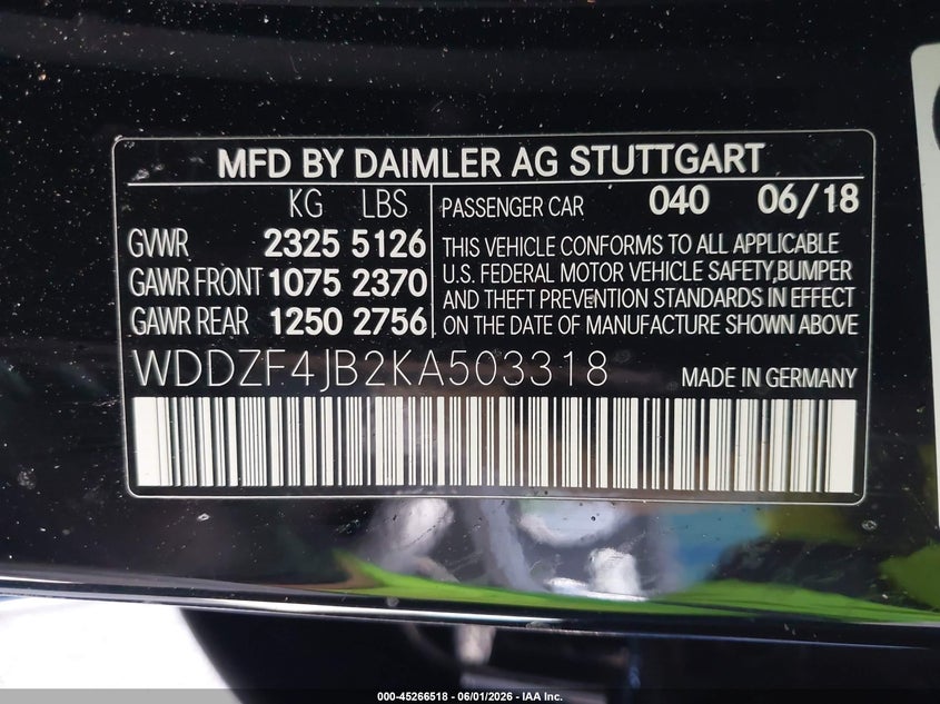 2019 Mercedes-benz VIN WDDZF4JB2KA503318 IAAI salvage auction — LEFT FRONT, Salvage Title, sold $8,300 on 2026-07-16 (photo 9)