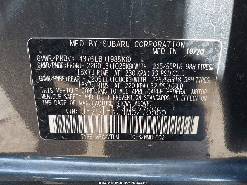 2021 Subaru VIN JF2GTHNC4M8276665 IAAI salvage auction — FRONT & REAR, Salvage (California), sold $225 on 2026-07-29 (photo 9)