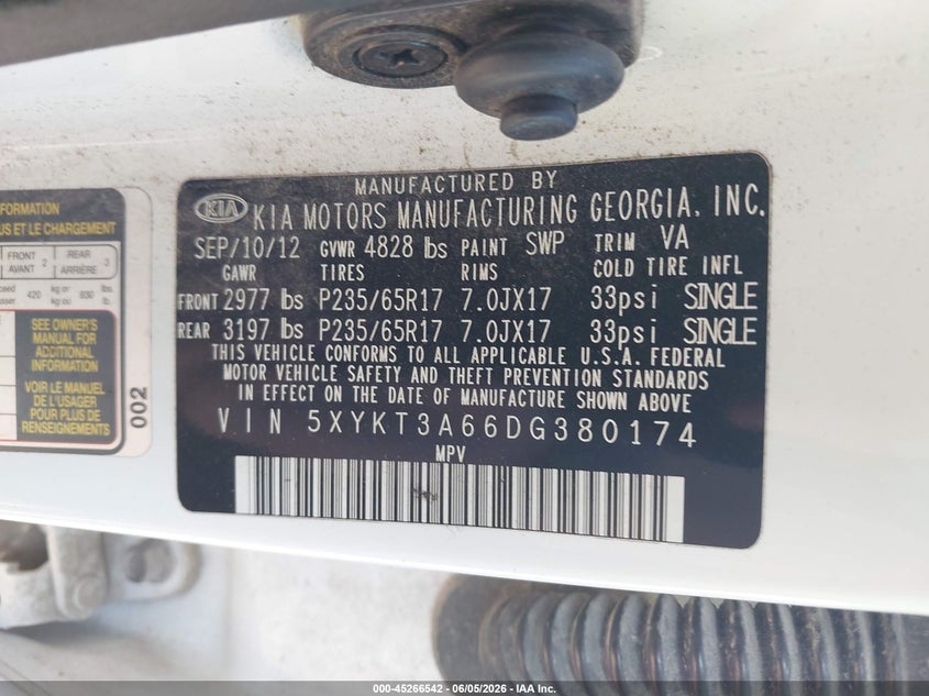 2013 Kia Sorento VIN 5XYKT3A66DG380174 IAAI salvage auction — HAIL, Clear (Missouri), sold $700 on 2026-07-13 (photo 9)