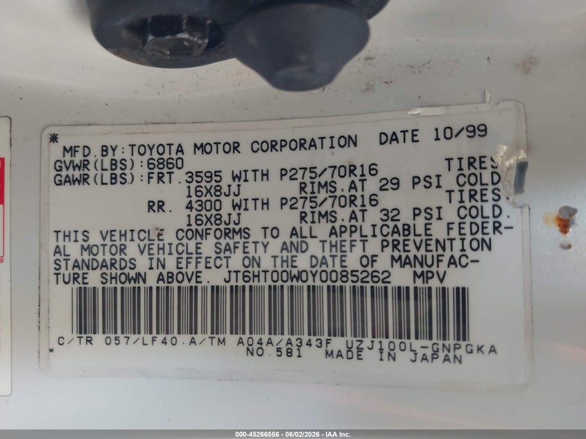 2000 Lexus Lx 470 VIN JT6HT00W0Y0085262 IAAI salvage auction — FRONT & REAR, Bill Of Sale (Washington), sold $3,250 on 2026-07-08 (photo 9)