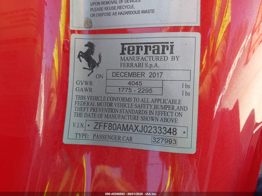 2018 Ferrari VIN ZFF80AMAXJ0233348 IAAI salvage auction — ENGINE BURN, Salvage Title, sold $127,500 on 2026-08-05 (photo 9)