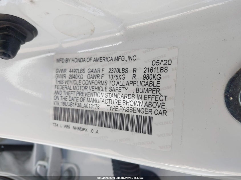 2020 Acura Tlx VIN 19UUB1F38LA013176 IAAI salvage auction — FRONT END, Salvage Title, sold $2,250 on 2026-07-22 (photo 9)