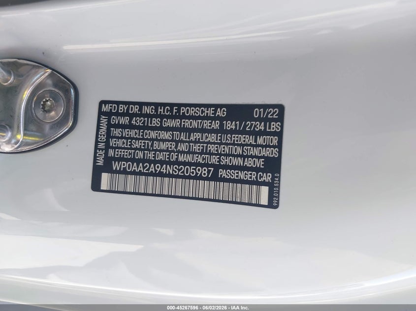2022 Porsche 911 VIN WP0AA2A94NS205987 IAAI salvage auction — LEFT FRONT, Salvage Title, sold $58,500 on 2026-07-27 (photo 9)