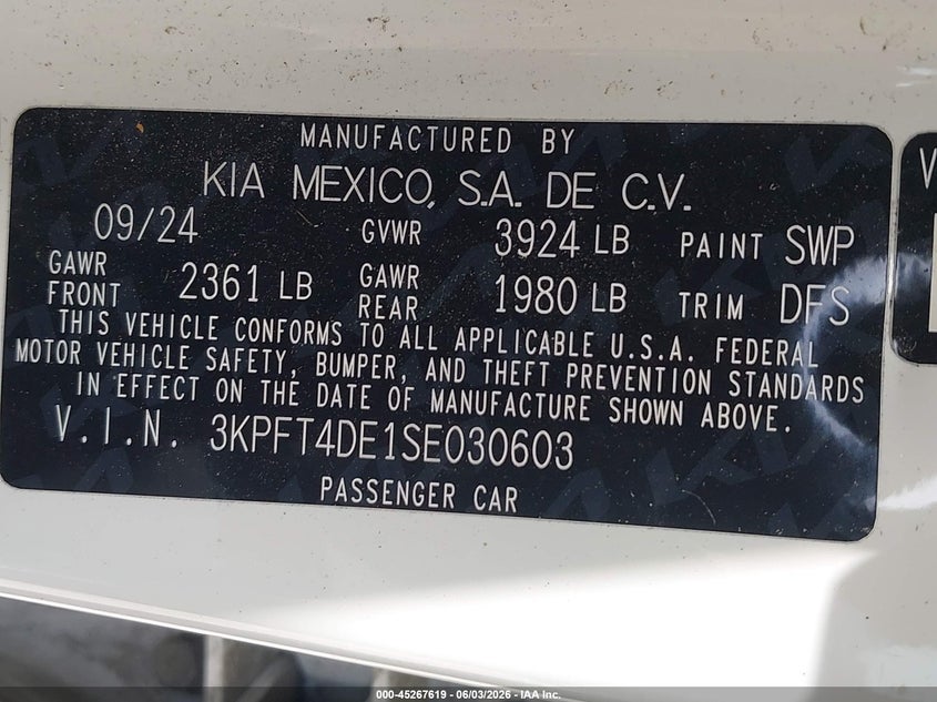 2025 Kia K4 VIN 3KPFT4DE1SE030603 IAAI salvage auction — FRONT END, Salvage Title, sold $7,175 on 2026-08-19 (photo 9)