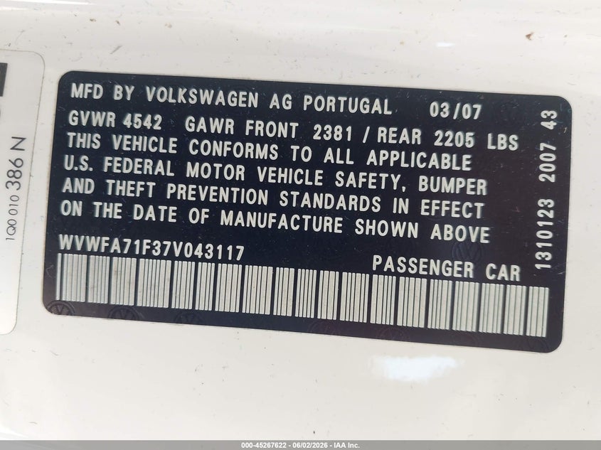 2007 Volkswagen Eos VIN WVWFA71F37V043117 IAAI salvage auction — NORMAL WEAR, Clear (Illinois), sold $275 on 2026-07-07 (photo 9)