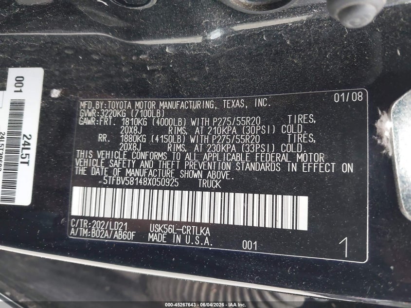 2008 Toyota Tundra VIN 5TFBV58148X050925 IAAI salvage auction — LEFT SIDE, Salvage (Iowa), sold $3,750 on 2026-07-14 (photo 9)