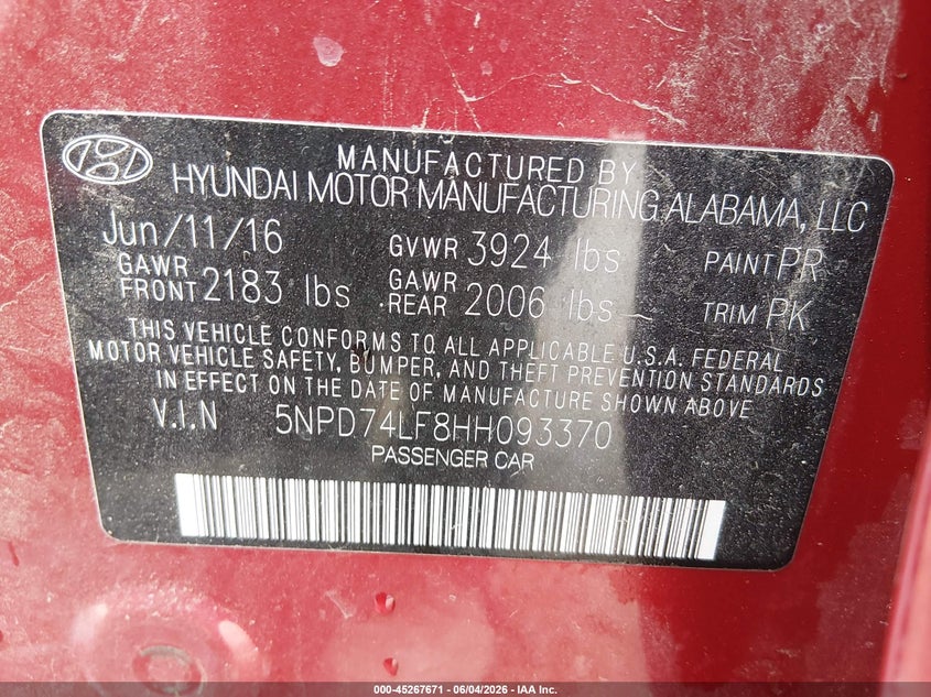 2017 Hyundai Elantra VIN 5NPD74LF8HH093370 IAAI salvage auction — HAIL, Salvage (Montana), sold $2,450 on 2026-07-10 (photo 9)