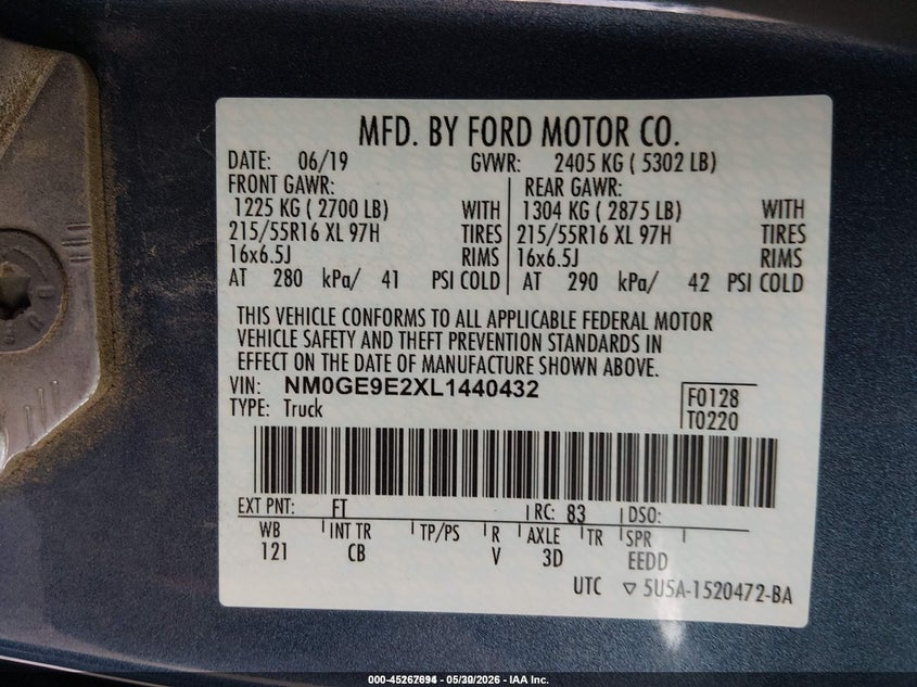 2020 Ford Transit connect VIN NM0GE9E2XL1440432 IAAI salvage auction — HAIL, Sf97 (Colorado), sold $12,550 on 2026-07-08 (photo 9)
