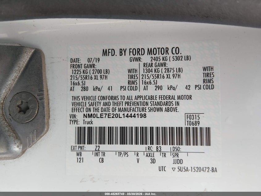 2020 Ford Transit VIN NM0LE7E20L1444198 IAAI salvage auction — HAIL, Sf97 (Iowa), sold $4,050 on 2026-07-09 (photo 9)