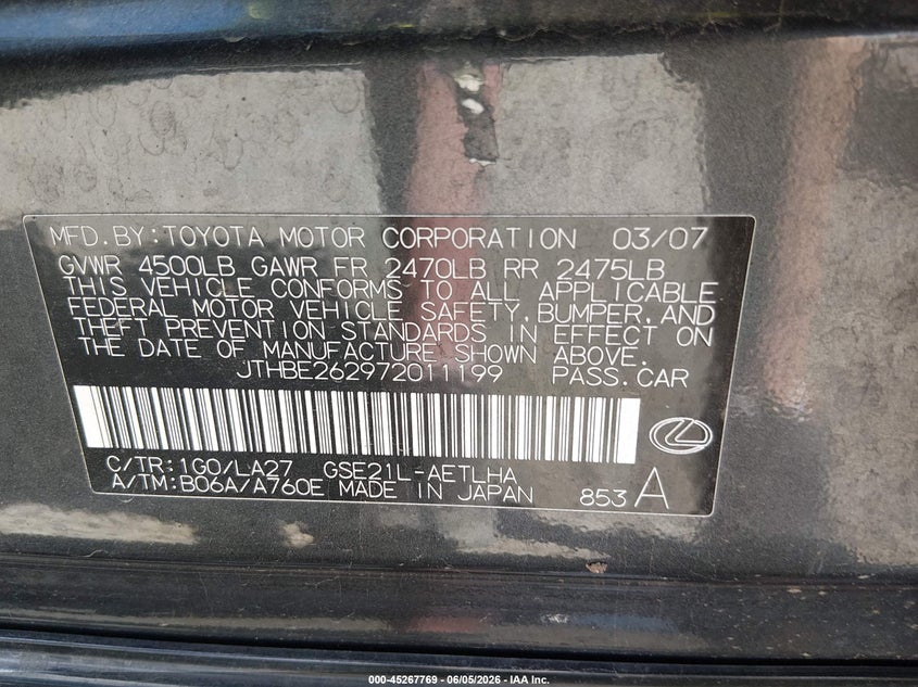 2007 Lexus Is 350 VIN JTHBE262972011199 IAAI salvage auction — FRONT & REAR, Salvage (Oregon), sold $525 on 2026-07-27 (photo 9)