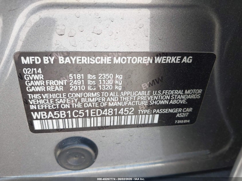 2014 BMW 5er VIN WBA5B1C51ED481452 IAAI salvage auction — REAR END, Salvage Title, sold $2,000 on 2026-07-20 (photo 9)