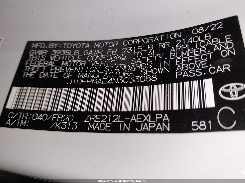 2022 Toyota Corolla VIN JTDEPMAE4N3033088 IAAI salvage auction — FRONT END, Salvage Title, sold $3,975 on 2026-07-14 (photo 9)