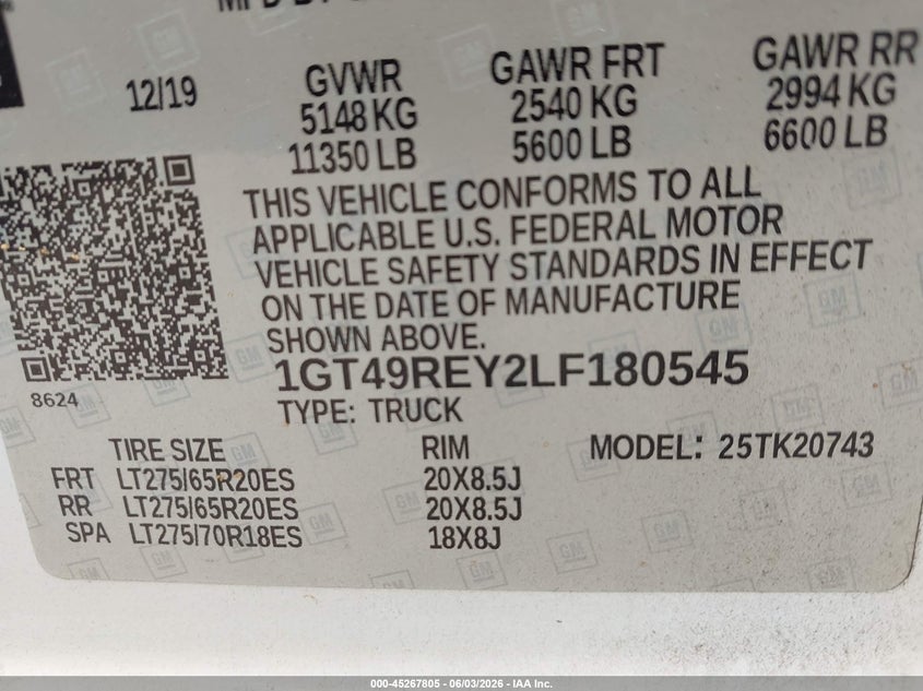 2020 Gmc SIERRA VIN 1GT49REY2LF180545 IAAI salvage auction — WATER/FLOOD, Salvage Title, sold $12,600 on 2026-07-24 (photo 9)