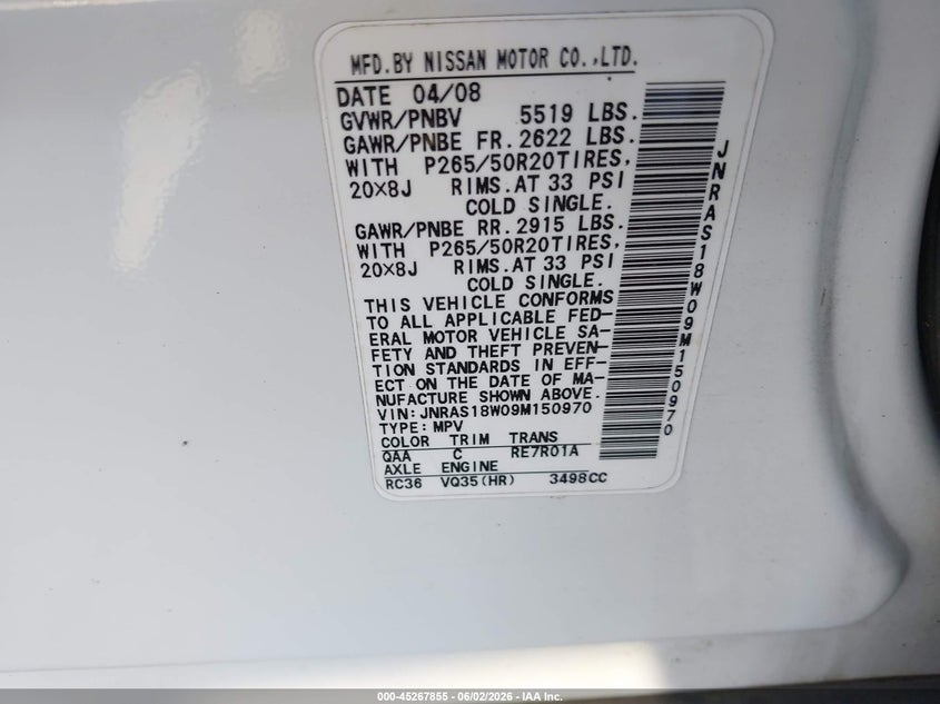 2009 Infiniti Fx VIN JNRAS18W09M150970 IAAI salvage auction — BIO HAZARD, Salvage (Texas), sold $475 on 2026-07-14 (photo 9)