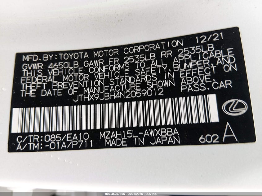 2022 Lexus Ux VIN JTHX9JBH4N2059012 IAAI salvage auction — FRONT END, Salvage (Oregon), sold $6,800 on 2026-07-29 (photo 9)