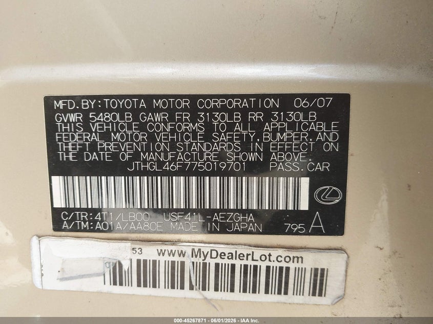 2007 Lexus Ls 460 VIN JTHGL46F775019701 IAAI salvage auction — NORMAL WEAR, Original (Texas), sold $725 on 2026-07-28 (photo 9)