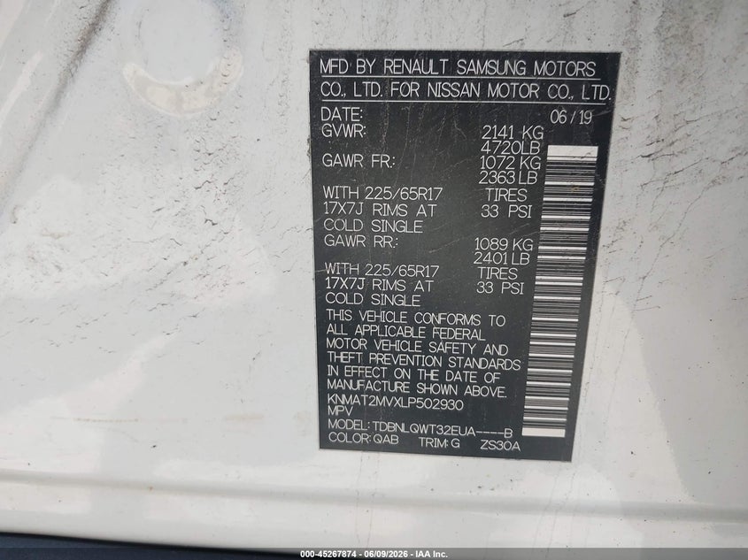 2020 Nissan Rogue VIN KNMAT2MVXLP502930 IAAI salvage auction — LEFT FRONT, Salvage Title, sold $225 on 2026-07-28 (photo 9)