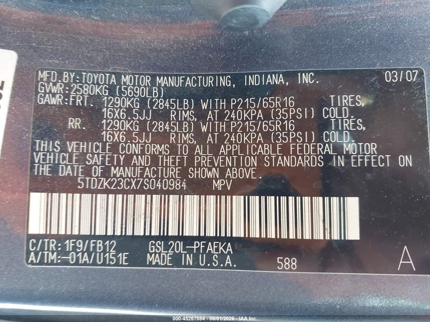 2007 Toyota Sienna VIN 5TDZK23CX7S040984 IAAI salvage auction — FRONT END, Clear (Missouri), sold $600 on 2026-07-08 (photo 9)