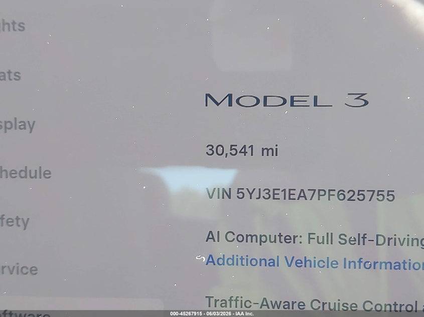2023 Tesla Model 3 VIN 5YJ3E1EA7PF625755 IAAI salvage auction — LEFT SIDE, Salvage Title, sold $4,900 on 2026-07-09 (photo 7)