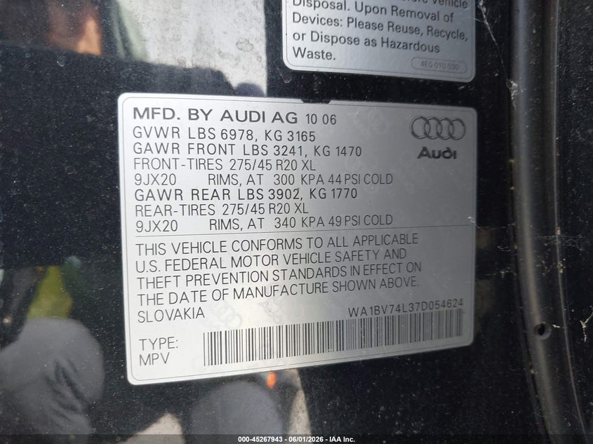2007 Audi Q7 VIN WA1BV74L37D054624 IAAI salvage auction — NORMAL WEAR, Clear (Washington), sold $425 on 2026-07-22 (photo 9)