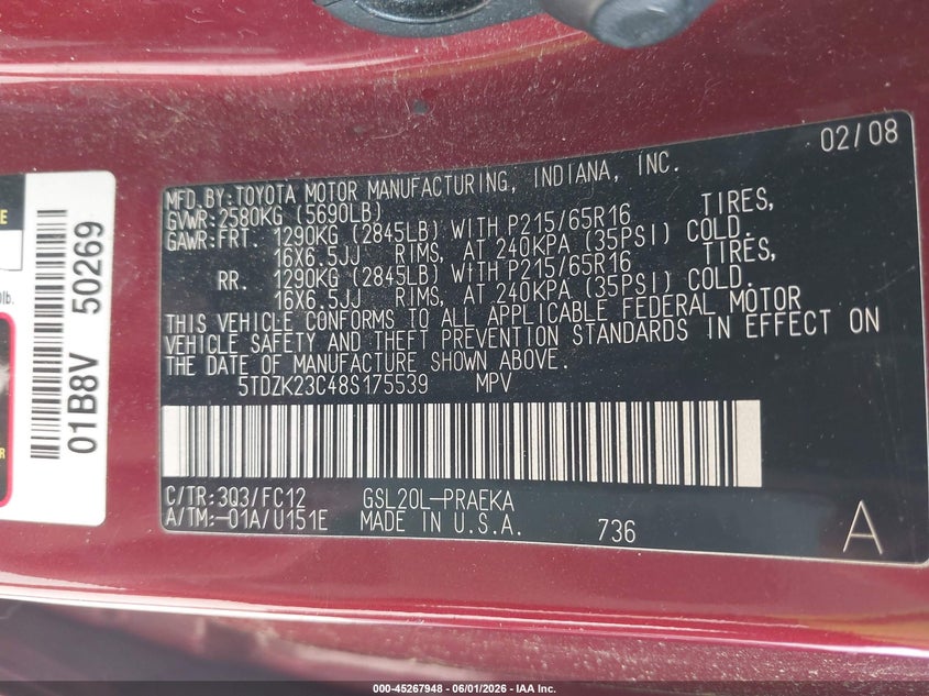 2008 Toyota Sienna VIN 5TDZK23C48S175539 IAAI salvage auction — NORMAL WEAR, Clear (Indiana), sold $650 on 2026-07-15 (photo 9)