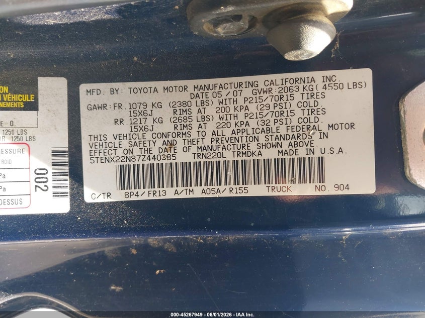 2007 Toyota Tacoma VIN 5TENX22N87Z440385 IAAI salvage auction — NORMAL WEAR, Clear (Virginia), sold $3,725 on 2026-07-07 (photo 9)