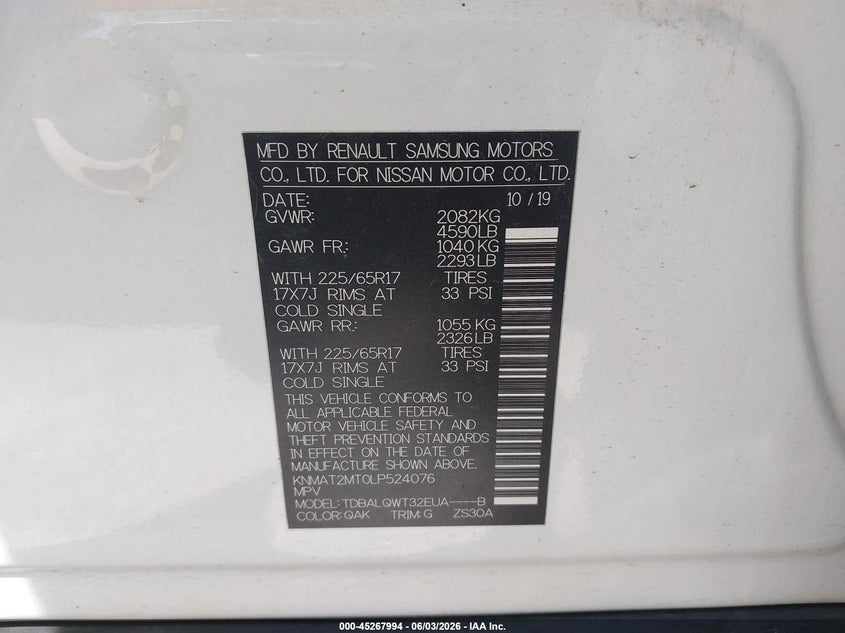2020 Nissan Rogue VIN KNMAT2MT0LP524076 IAAI salvage auction — HAIL, Salvage Title, sold $5,400 on 2026-07-28 (photo 9)