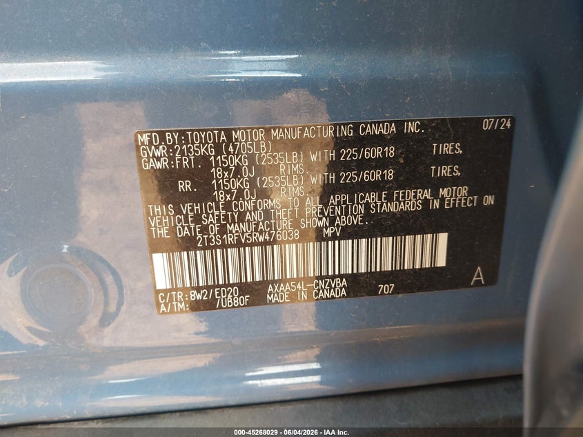 2024 Toyota Rav 4 VIN 2T3S1RFV5RW476038 IAAI salvage auction — HAIL, Salvage Title, sold $21,100 on 2026-07-30 (photo 9)