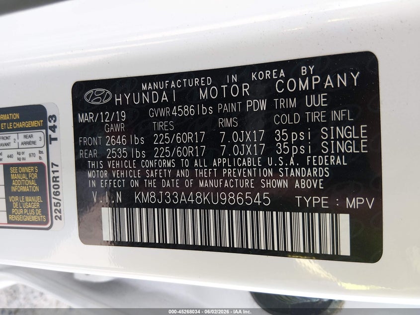 2019 Hyundai Tucson VIN KM8J33A48KU986545 IAAI salvage auction — FRONT END, Salvage (Georgia), sold $2,550 on 2026-07-29 (photo 9)
