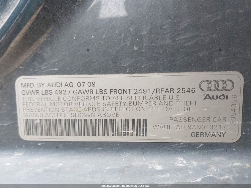 2010 Audi A4 VIN WAUFFAFL9AN013217 IAAI salvage auction — ENGINE DAMAGE, Clear (Montana), sold $575 on 2026-07-28 (photo 9)