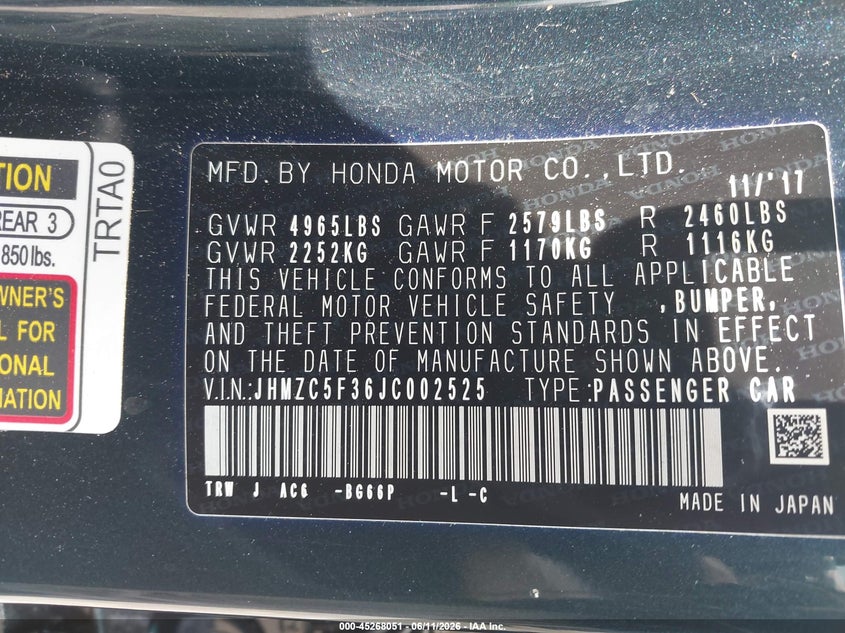 2018 Honda Clarity plug-in hybrid VIN JHMZC5F36JC002525 IAAI salvage auction — ELECTRICAL, Clear (Maryland), sold $2,200 on 2026-07-08 (photo 9)