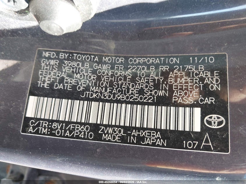 2011 Toyota Prius VIN JTDKN3DU9B0250221 IAAI salvage auction — FRONT & REAR, Clear (Indiana), sold $1,100 on 2026-07-17 (photo 9)