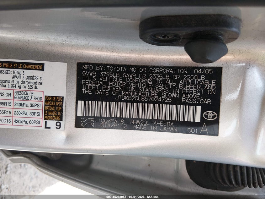 2005 Toyota Prius VIN JTDKB20U857024725 IAAI salvage auction — NORMAL WEAR, Clear (Washington), sold $500 on 2026-07-22 (photo 9)