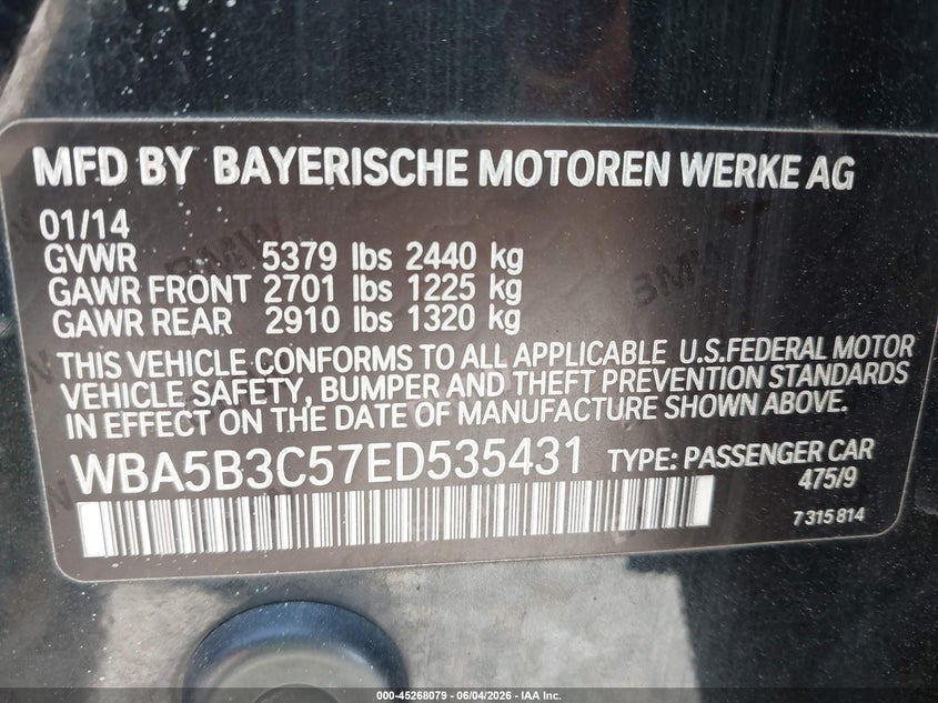 2014 BMW 5er VIN WBA5B3C57ED535431 IAAI salvage auction — SIDE, Previous Salvage (Michigan), sold $1,125 on 2026-07-16 (photo 9)