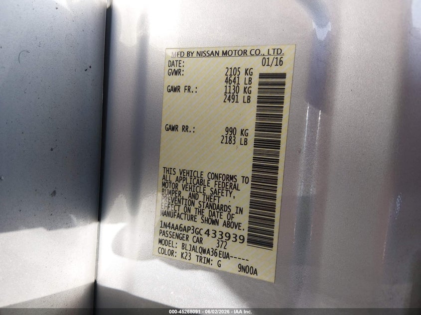 2016 Nissan Maxima VIN 1N4AA6AP3GC433939 IAAI salvage auction — NORMAL WEAR, Original (Texas), sold $2,250 on 2026-07-27 (photo 9)