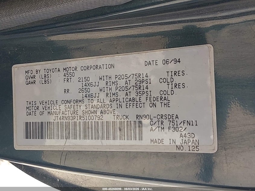 1994 Toyota Pickup VIN JT4RN93P1R5100792 IAAI salvage auction — NORMAL WEAR, Clear (Indiana), sold $2,350 on 2026-07-16 (photo 9)
